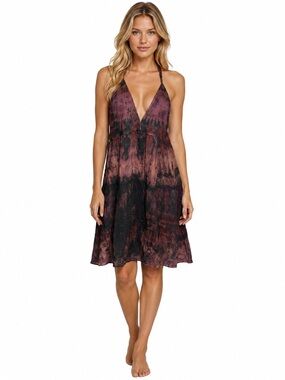 Sleeveless V-Neck Tie-Dye Halter Sundress in Plum and Black